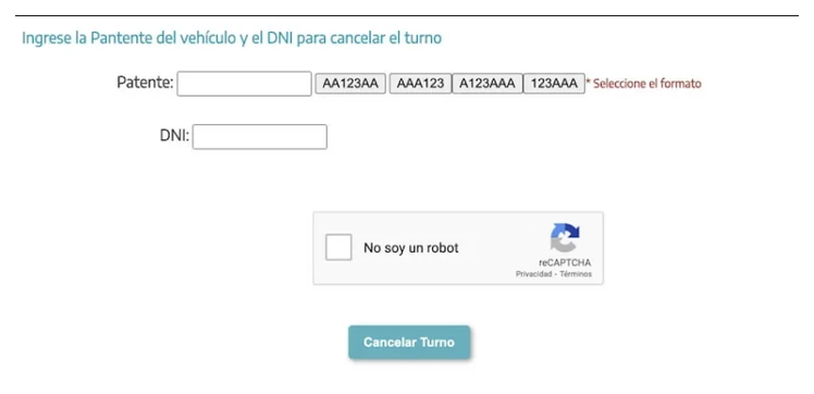Pantalla para cancelar el turno de la VTV en Bahia Blanca con patente y DNI